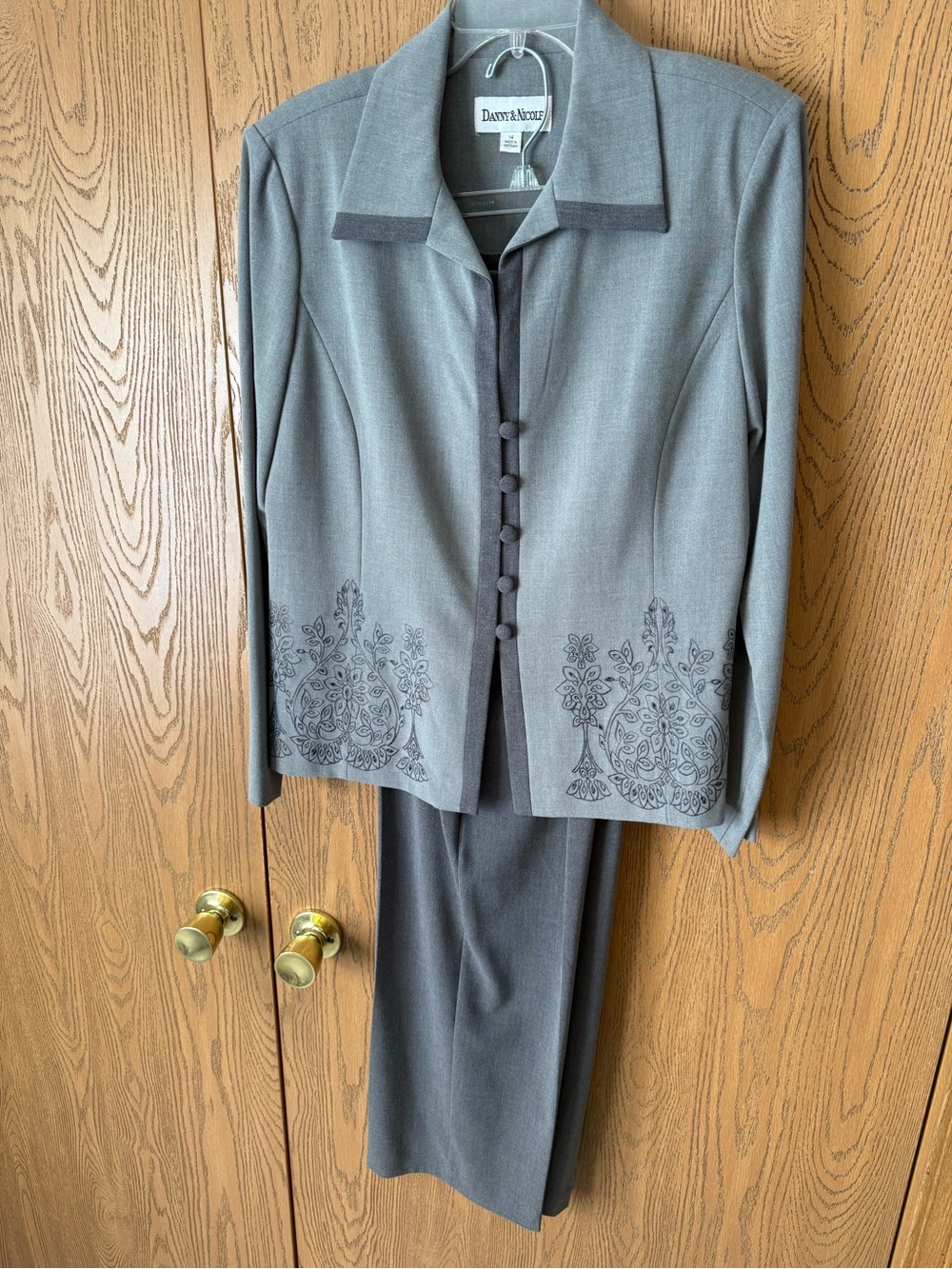 Danny & Nicole Gray Embroidered Two-Piece Pant Suit